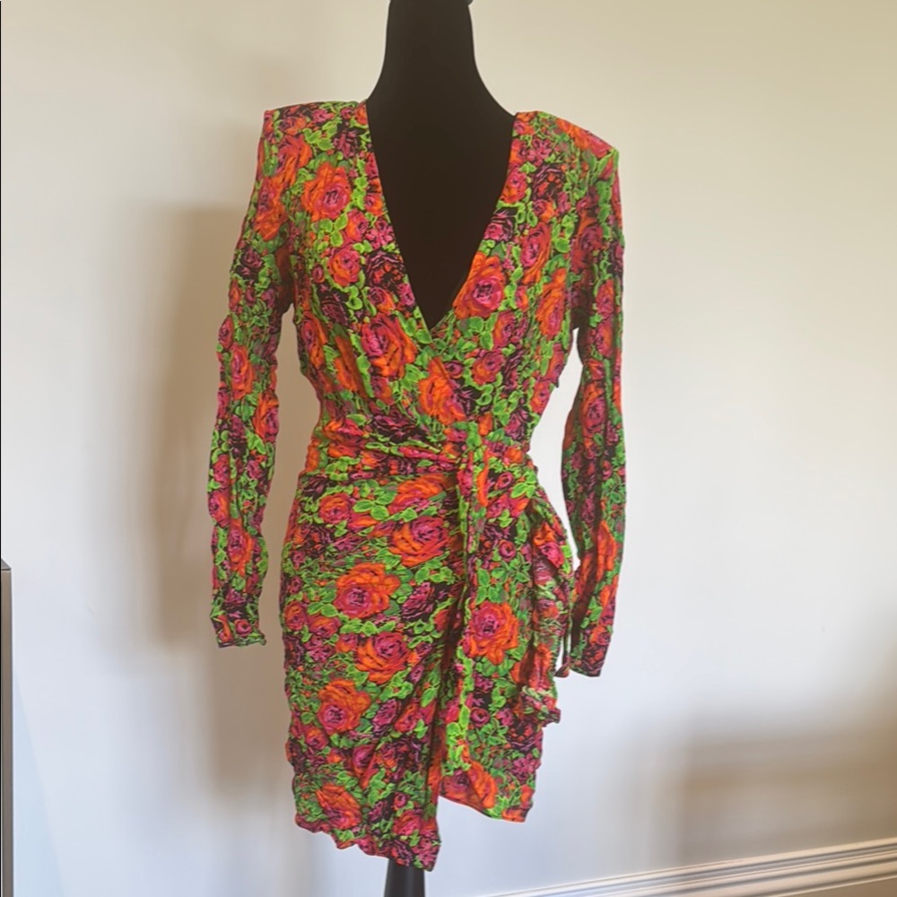 Zara Pink and Green Cocktail Dress Long Sleeve Sheath